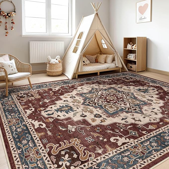 9x12 Area Rugs Living Room: Washable Boho Large Neutral Vintage Soft Rug Stain Resistant Farmhouse Non-Slip Indoor Floor Retro Carpet for Bedroom Nursery Kids Office Dining Room- Burgundy