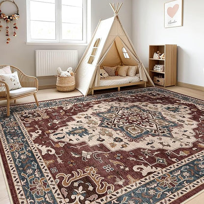 8x10 Area Rugs Living Room: Washable Boho Large Neutral Vintage Soft Rug Stain Resistant Farmhouse Non-Slip Indoor Floor Retro Carpet for Bedroom Nursery Kids Office Dining Room- Burgundy
