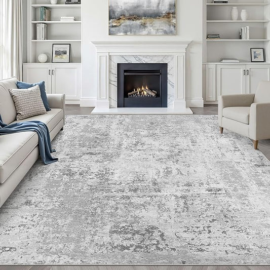 7x10 Area Rug Living Room: Washable Large Neutral Rug Abstract Soft Modern Stain Resistant Indoor Floor Non-Slip Carpet for Bedroom Nursery Kids Office Playroom Dining Room Under Table- Light Gray
