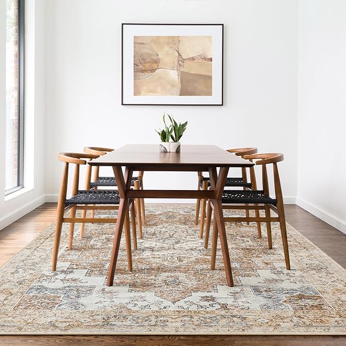 GENIMO 6x9 Area Rugs for Living Room, Machine Washable Non Slip Rugs, Low Pile Lightweight Vintage Print Rug for Bedroom, Dining Room, Home Office, Orange&Beige