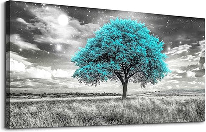 KELIYUAN Large Canvas Wall Art For Living Room Wall Decor For Bedroom Corridor Blue Tree Natural Scenery Full Of Stars Black And White Modern Printing Dining Room Kitchen Home Decoration 30 "X 60"