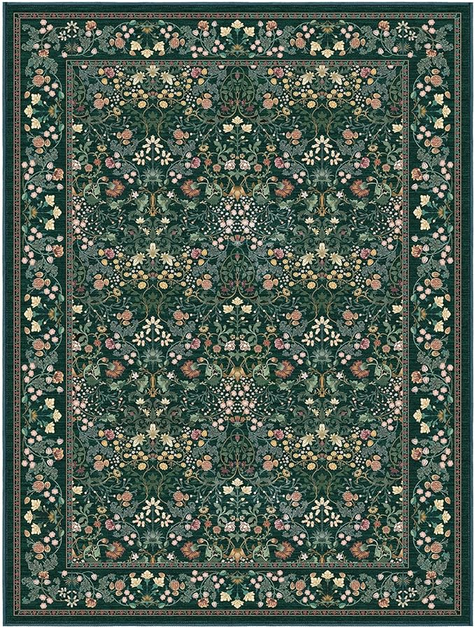 AMADA HOMEFURNISHING Large Area Rugs 9x12, Washable Floral Rug with Non-Slip Backing & Low Pile, Durable Edge Biding, Vintage Soft Floral Rug for Living Room, Bedroom and Dining Room