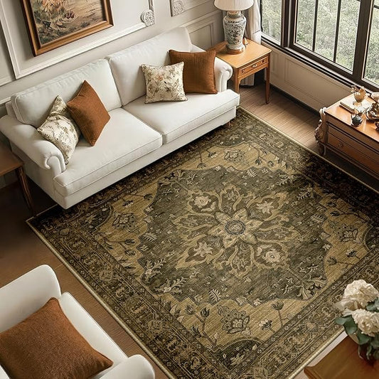 RELEANY Area Rugs Square 6ft Washable Non-Slip, Floral Vintage Distress Print Pattern Medallion Carpet for Living Room Bedroom Dining Room, Brown Dark Brown
