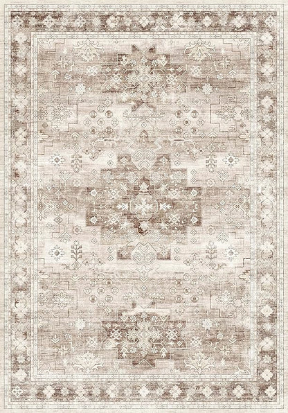 Hazo Haus Beige Farmhouse Washable 7x10 Area Rugs for Living Room, Bedroom, Dining Room Table, Vintage Floral Décor, Non-Slip Stain & Fade Resistant (7x10 Beige/Latte)
