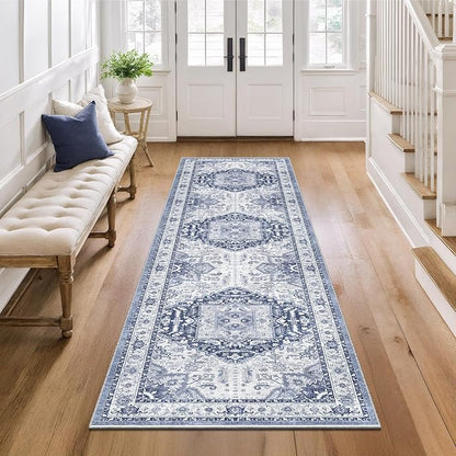 2x8 Washable Hallway Runner Rug - Kitchen Rugs with Non Slip Backing Vintage Soft Farmhouse Entryway Mat for Living Room Laundry Bedroom Bathroom Navy/Blue