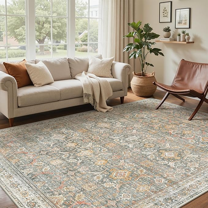 GENIMO 8x10 Area Rugs for Living Room, Machine Washable Non Slip Vintage Rugs, Low Pile Lightweight Chenille Print Rug for Bedroom, Dining Room, Home Office, Turmeric