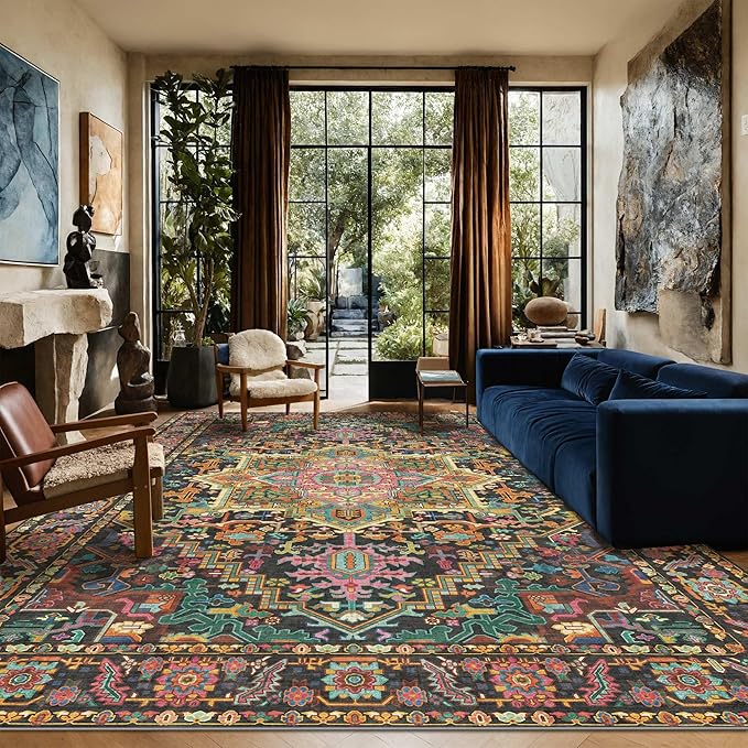 Kokia 10x14 Washable Black and Pink Area Rugs with Vintage Orient Design, Soft Rug for Living Room or Bedroom, Non-Slip Low Pile Stain Resistance Features, Distressed Medallion Pattern
