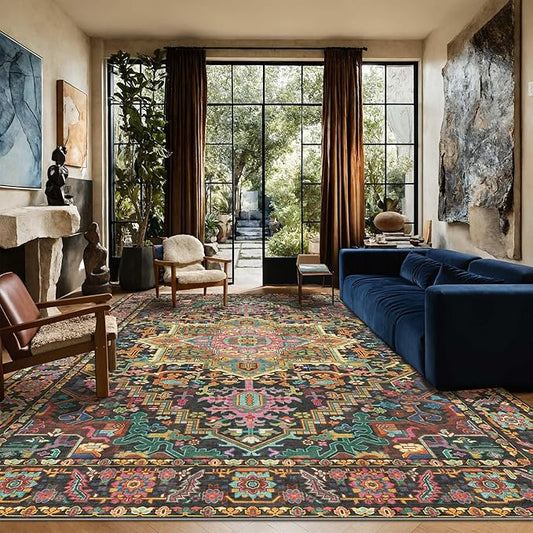 Kokia 10x14 Washable Black and Pink Area Rugs with Vintage Orient Design, Soft Rug for Living Room or Bedroom, Non-Slip Low Pile Stain Resistance Features, Distressed Medallion Pattern