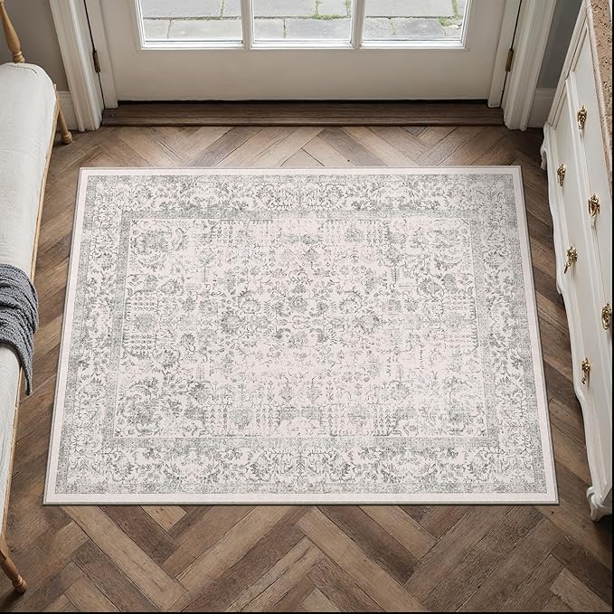 PureCozy Gray Entryway Area Rug 2x3 Door Mat Machine Washable Kitchen Vintage Distressed Non Slip Carpet Indoor Grey Retro Floral Accent Throw Small Rug for Bathroom Office Bedroom Dining Living Room