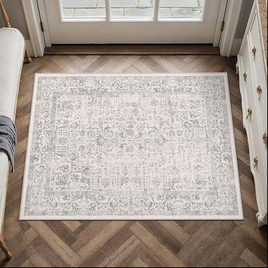 PureCozy Gray Entryway Area Rug 2x3 Door Mat Machine Washable Kitchen Vintage Distressed Non Slip Carpet Indoor Grey Retro Floral Accent Throw Small Rug for Bathroom Office Bedroom Dining Living Room