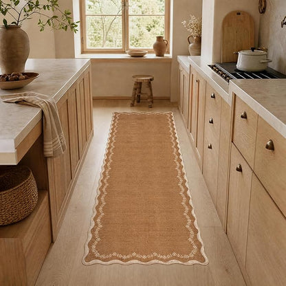 GarveeHome 2x6 Scalloped Washable Runner Rug for Kitchen, Soft Brown Hallway Runner Non Slip Entryway Rug Farmhouse Thin Laundry Mat Stain Resistant Carpet for Bedroom Bathroom Beside Rug