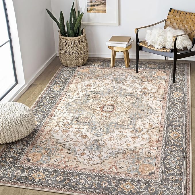 EIEIHOUSE Washable Area Rugs for Living Room - 6x9 Neutral Vintage Distressed Floral Farmhouse Boho Large Soft Floor Rug Indoor Non Slip Carpet for Bedroom Dining Room Office -Forest Green Orange