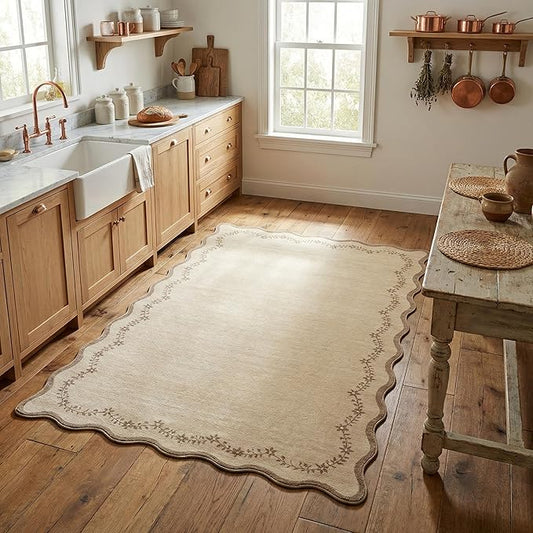 GarveeHome 3x5 Scalloped Washable Area Rug for Bedroom,Soft Solid Jute Entryway Rug Farmhouse Kitchen Mat Non Slip Low Pile Carpet Stain Resistant Throw Rug for Bedside Kids Room Office