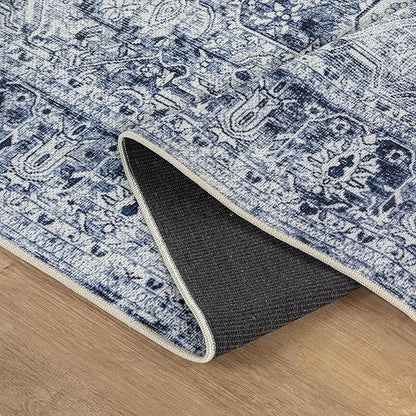 Bloom Rugs Washable Non-Slip 4' x 6' Rug - Ivory/Denim Blue Traditional Medallion Area Rug for Living Room, Bedroom, Dining Room, and Kitchen - Exact Size: 4' x 6'