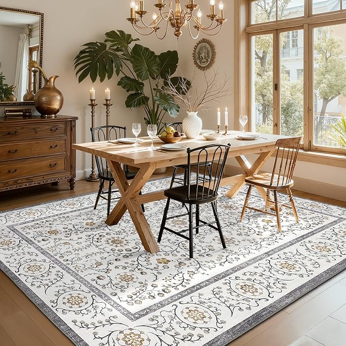 GarveeHome Boho 8x10 Area Rugs for Living Room, Floral Vintage Rugs for Bedroom with Soft Low Pile, Non Slip Stain Resistant Washable Rug 8x10 for Dining Room Grey Large Carpet for Office Playroom