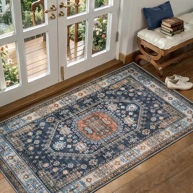 Tangsoo Vintage 2x4 Washable Rusg for Entryway,Non Slip Kitchen Rugs Indoor Front Door Rug，Small Throw Mat Boho Soft Low Pile Carpet for Kitchen Bedroom Entrance Bathroom Entry Blue Orange