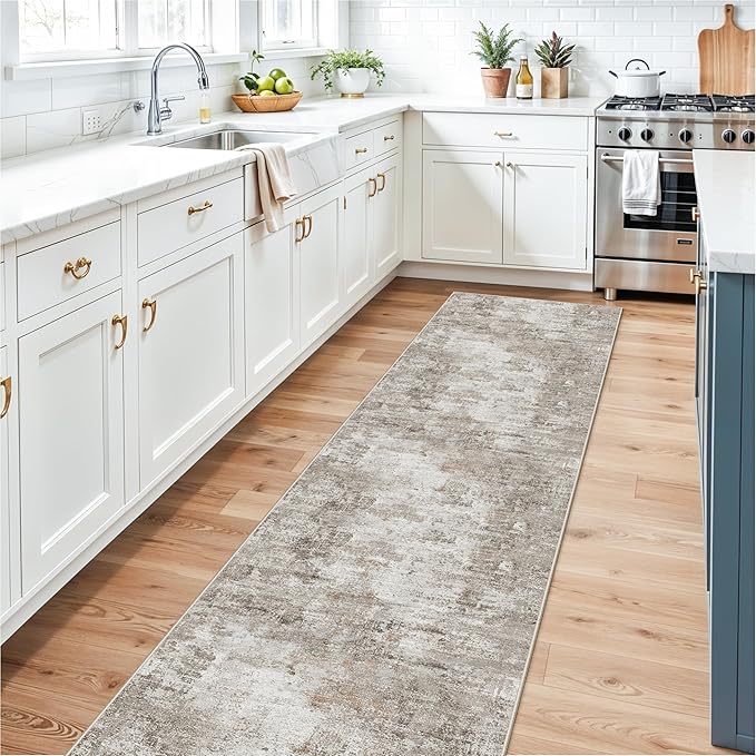 Long Runner Rug for Hallway 2x10 Ft - Non-Slip Washable Carpet Runner for Kitchen Hall Indoor Entryway, Bedroom, Living Room, Modern Abstract Low-Pile （Beige Grey）