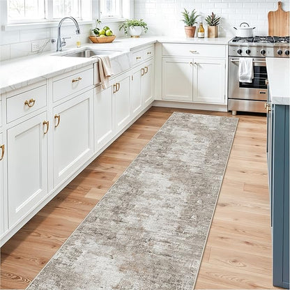 Long Runner Rug for Hallway 2x10 Ft - Non-Slip Washable Carpet Runner for Kitchen Hall Indoor Entryway, Bedroom, Living Room, Modern Abstract Low-Pile （Beige Grey）