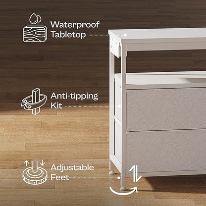 Huuger LED TV Stand for Bedroom, 55 Inch Fabric Dresser with Power Outlets, Entertainment Center for 60, 55, 50 Inch TV, 6 Drawer Dresser for Bedroom, Chest of Drawers with Shlef, PU Leather, White