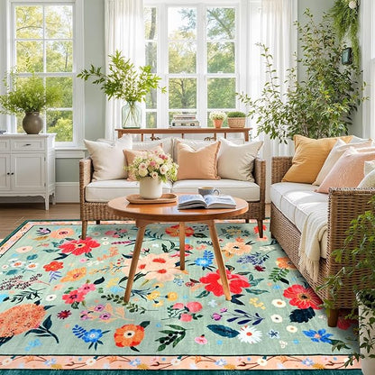 Macgace 5x7 Floral Rug for Girls Bedroom, Machine Washable Area Rugs with Non Slip Backingfor Living Room, Cute Flowers Carpet Kitchen Dining Room Kids Playroom Decor, Light Green