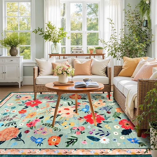 Macgace 5x7 Floral Rug for Girls Bedroom, Machine Washable Area Rugs with Non Slip Backingfor Living Room, Cute Flowers Carpet Kitchen Dining Room Kids Playroom Decor, Light Green