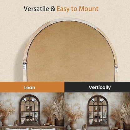 Arched Wall Mirror with Window Pane Design 36x24 Inch Rustic Farmhouse Wood Decorative Mirror for Living Room Bedroom Entryway