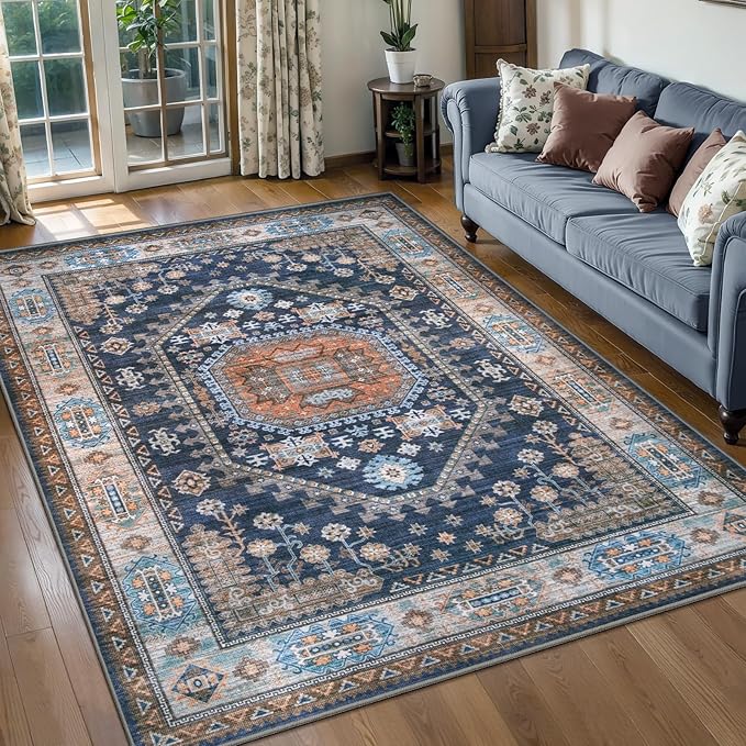 Tangsoo Vintage Geometric 4x6 Rug for Living Room,Blue Orange Washable Indoor Area Rug,Non-Slip Rubber Backing Low Pile Soft Carpet for Front Porch Dining Room Patio Bedroom