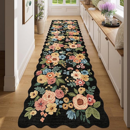 DUKINO Washable Runner Rug, 2x7 Lightweight Soft Floral Hallway Rug Runner with Low Pile Design, Non Shedding & Non Slip Backing Thin Indoor Carpet for Bedroom, Bathroom, Entrance, Kitchen, Black