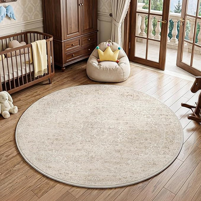 FMFUNCTEX 6ft Round Washable Area Rug Beige Vintage Neutral Oriental Distressed Non Slip Carpet for Living Room Bedroom Soft Low Pile Indoor Mat Retro Cream Rug for Dining Room Office Nursery Entry