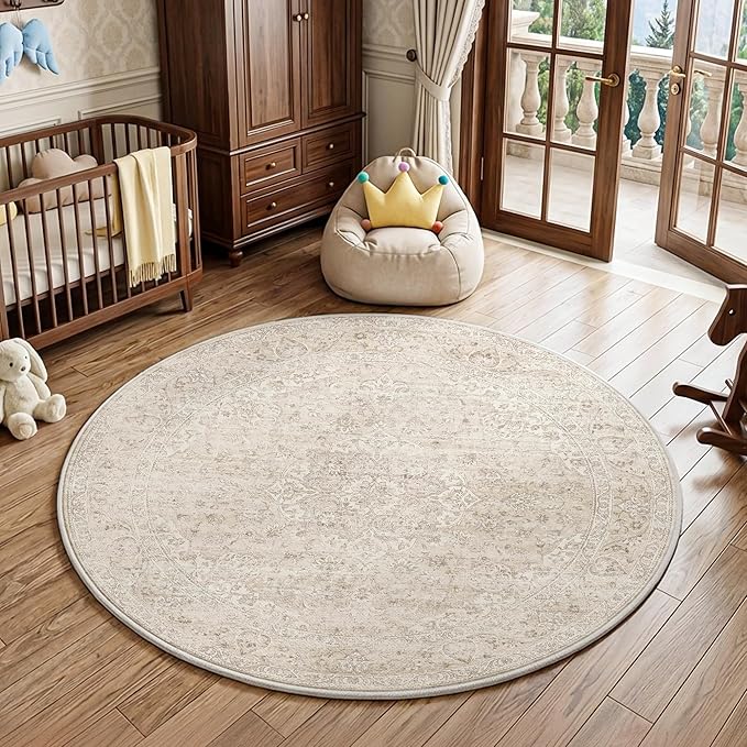 FMFUNCTEX 5ft Round Washable Area Rug Beige Vintage Neutral Oriental Distressed Non Slip Carpet for Living Room Bedroom Soft Low Pile Indoor Mat Retro Cream Rug for Dining Room Office Nursery Bedside