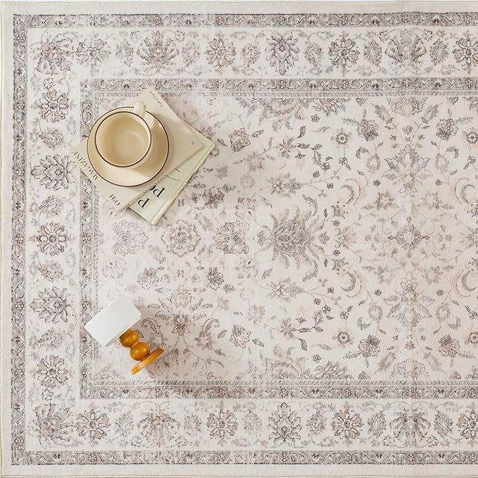 PureCozy 2x6 Runner Rug Beige Washable Hallway Vintage Carpet Kitchen Small Long Non Slip Stain Soft Resistant Low Pile Thin Boho Accent Indoor Throw Rug for Bedroom Laundry Living Room