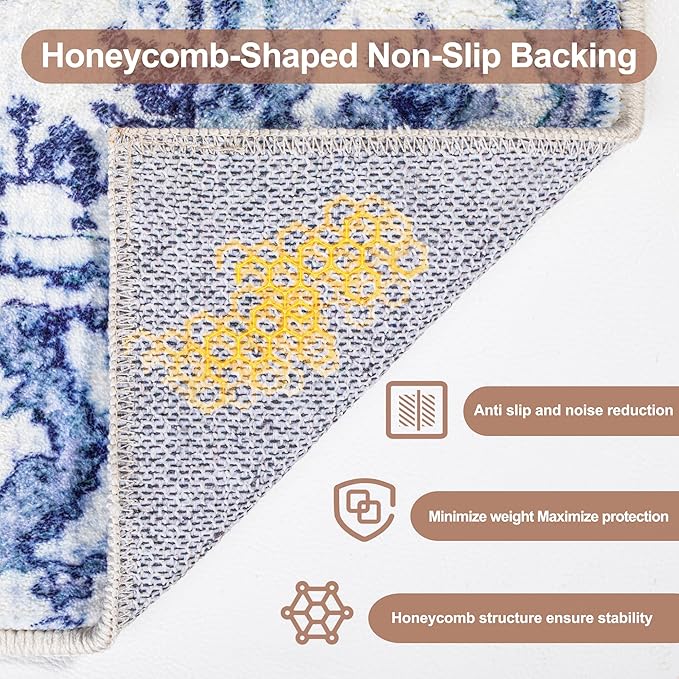 Sofrug Area Rug 8x10 - Vintage Floral Honeycomb Non Slip Backing Carpet - Blue Softer Thicker Faux Wool Rug - Lightweight Machine Washable Rugs for Living Room Bedroom Dining Room Home Office