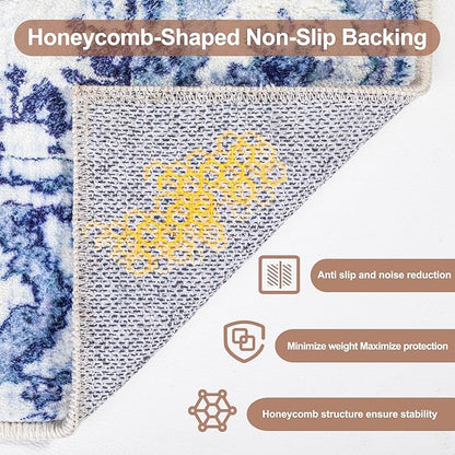 Sofrug Area Rug 8x10 - Vintage Floral Honeycomb Non Slip Backing Carpet - Blue Softer Thicker Faux Wool Rug - Lightweight Machine Washable Rugs for Living Room Bedroom Dining Room Home Office