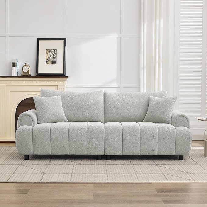 88 "Modern Boucle Sofa Couch, Oversized Comfy 3 Seater Sherpa Curved Sofas Deep Seat, Upholstered Loveseat Teddy Round Arm Couches for Living Room, Bedroom, Light Grey
