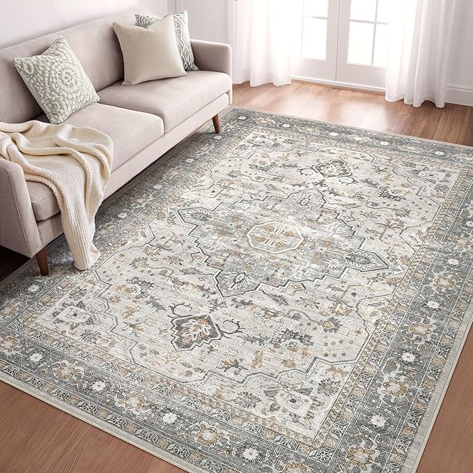 6x8 Area Rugs Living Room: Washable Boho Large Neutral Vintage Soft Rug Stain Resistant Distressed Farmhouse Non-Slip Indoor Floor Carpet for Bedroom Nursery Kids Office Dining Room- Taupe