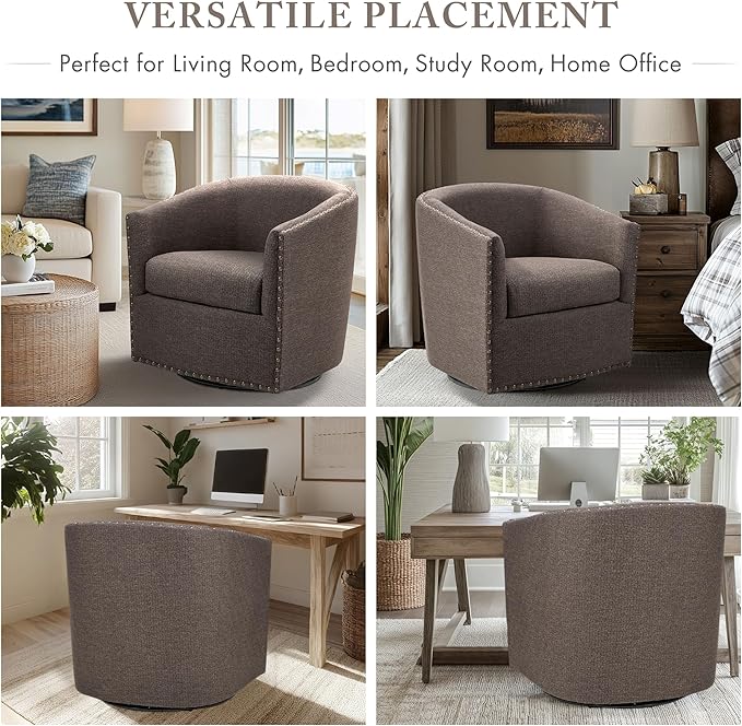 Madison Park Swivel Barrel Accent Chair, Upholstered Curved Back with 7-Inch Thick Woven Cushion, 360° Swivel, Nailhead Trim, Comfy Chair for Living Room, Bedroom, Office, 28" Wide, Chocolate, Tyler
