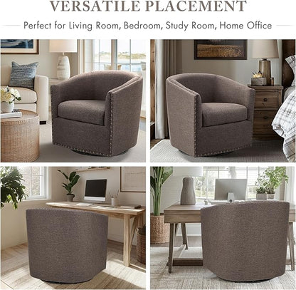 Madison Park Swivel Barrel Accent Chair, Upholstered Curved Back with 7-Inch Thick Woven Cushion, 360° Swivel, Nailhead Trim, Comfy Chair for Living Room, Bedroom, Office, 28" Wide, Chocolate, Tyler