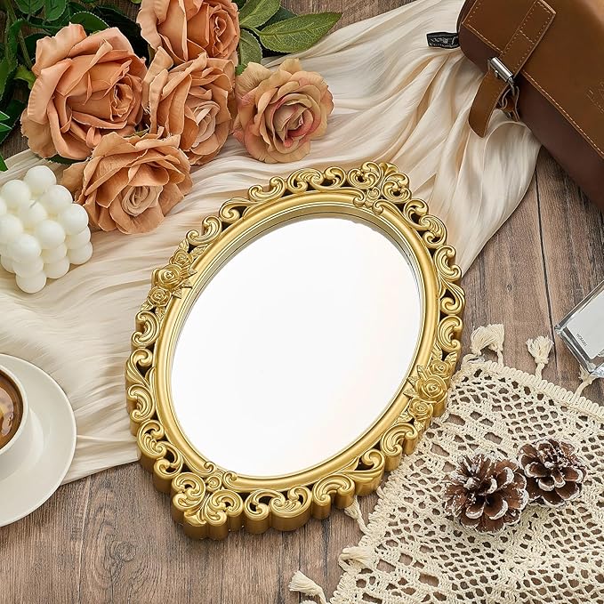 Beeveer 2 Style Vintage Mirrors Set Decorative Oval Wall Mirror Small Antique Mirrored Tray Decorative Hanging Mirror for Bathroom Bedroom Jewelry Organizer Victorian Decor (Square,Gold)