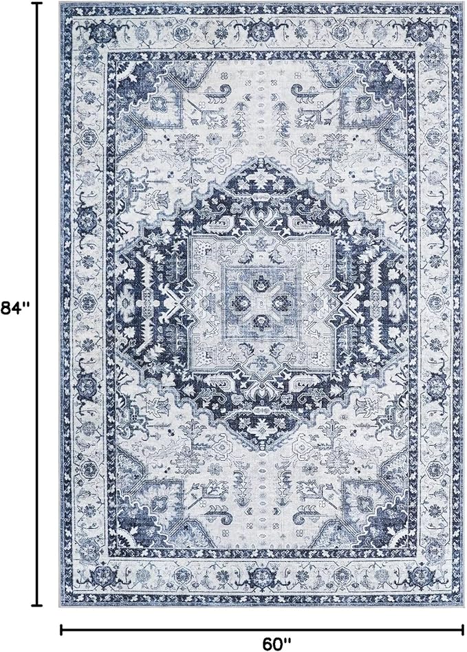 Washable 5x7 Area Rug - Soft Indoor Blue Non Slip Rugs for Living Room Bedroom Low Pile Stain Resistant Vintage Carpet for Home Decor Mat (Navy/Blue,5'x7')