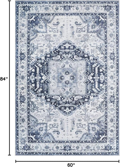 Washable 5x7 Area Rug - Soft Indoor Blue Non Slip Rugs for Living Room Bedroom Low Pile Stain Resistant Vintage Carpet for Home Decor Mat (Navy/Blue,5'x7')