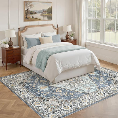 7x9 Washable Area Rugs for Living Room: Non Slip Vintage Blue Yellow Rug, Large Soft Stain Resistant Indoor Floor Carpets for Bedroom Dining Room Nursery Home Office Kid & Pet Friendly