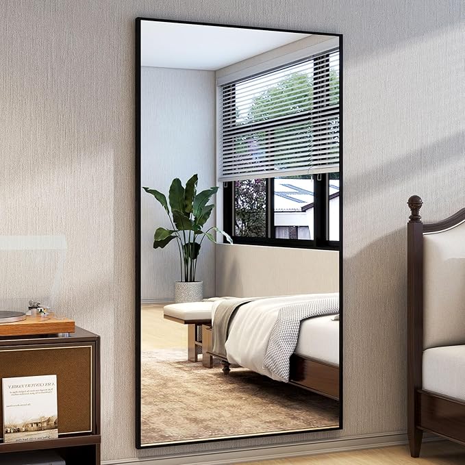 Easly 34"x76" Full Length Mirror with Stand, Large Rectangular Floor Mirror for Bedroom, Living Room or Closet, Wall-Mounted or Freestanding, Black Aluminum Alloy Frame