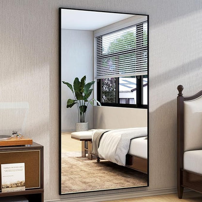 Easly 34"x76" Full Length Mirror with Stand, Large Rectangular Floor Mirror for Bedroom, Living Room or Closet, Wall-Mounted or Freestanding, Black Aluminum Alloy Frame