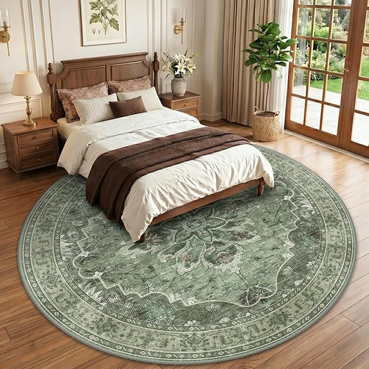 RELEANY Area Rugs Round 10ft Washable Non-Slip, Floral Vintage Distress Print Pattern Medallion Carpet for Living Room Bedroom Dining Room, Dark Green Gray