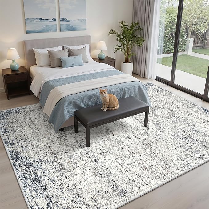 Soalmost 5x8 Area Rugs Blue Ivory Low Pile Indoor Washable Trendy Faded Style Rugs for Bedroom Living Room Dining Room Foldable Non-Slip Thin Print Home Office Mat