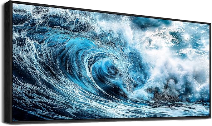 ERQINHUA Wall Art For Living Room Wall Decor For Bedroom Ocean Inspiration Pictures Blue Wave Canvas Printing Wall Paintings Office Mural Posters Modern Home Decor Aesthetics 32x72 In Black Framed
