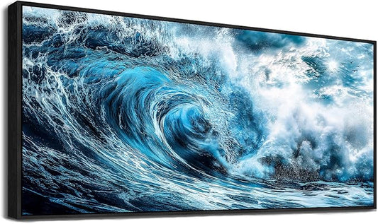 ERQINHUA Wall Art For Living Room Wall Decor For Bedroom Ocean Inspiration Pictures Blue Wave Canvas Printing Wall Paintings Office Mural Posters Modern Home Decor Aesthetics 32x72 In Black Framed