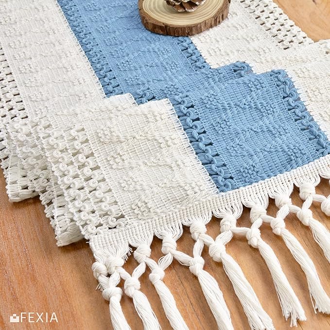 FEXIA Summer Table Runner Light Blue for Home Decor with Tassels 72 Inches Farmhouse Long Rustic Table Runner Macrame Burlap Centerpieces for Tables Decoration for Baby Shower(12x72 Inches)