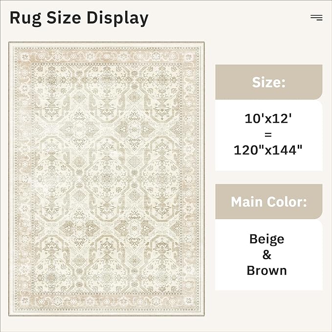 Soalmost Area Rug 10x12 Vintage Washable Living Room Large Carpet Non Slip Bedroom Indoor Office Dining Room Low Pile Thin Rug Beige/Brown