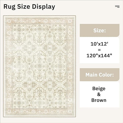 Soalmost Area Rug 10x12 Vintage Washable Living Room Large Carpet Non Slip Bedroom Indoor Office Dining Room Low Pile Thin Rug Beige/Brown